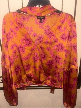 Jessica Simpson Fuchsia,Mustard, and Burgundy Blouse W/ Balloon Sleeve/Front Tie